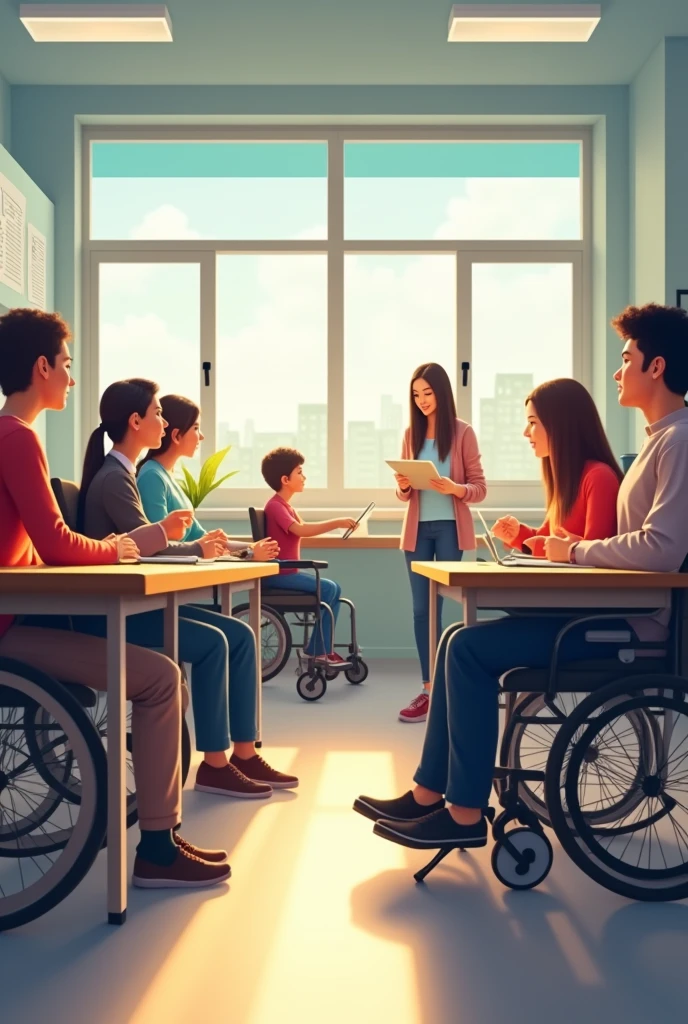 An inclusive classroom where there are several different people, with disabilities in the legs or arms, all in different conditions, all interacting with each other