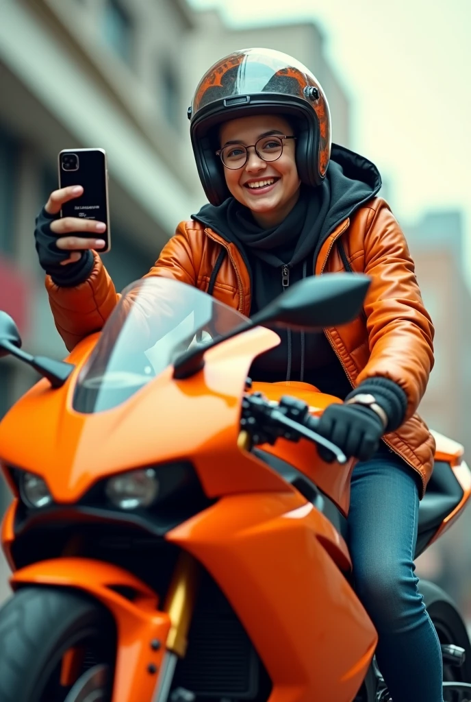 Create a happy person on top of an orange motorcycle with a cell phone in hand and on the cell phone screen written valorant in orange