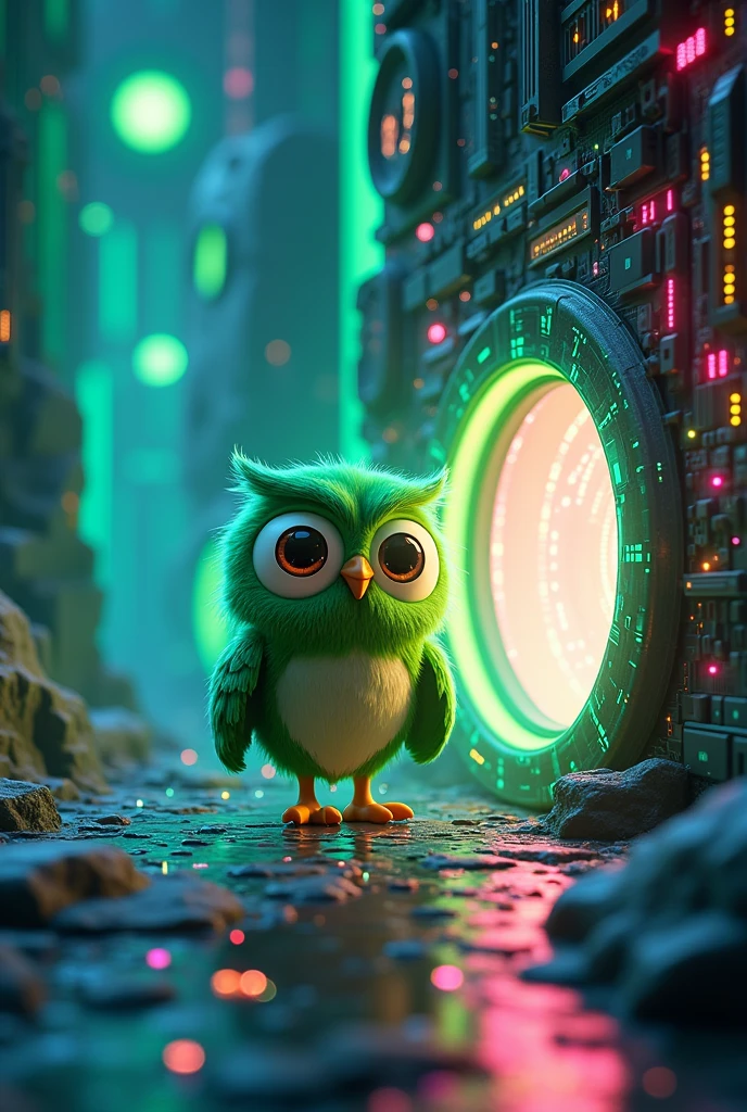 Create a background with an electronic universe in which a cartoon-style green owl travels between portals.