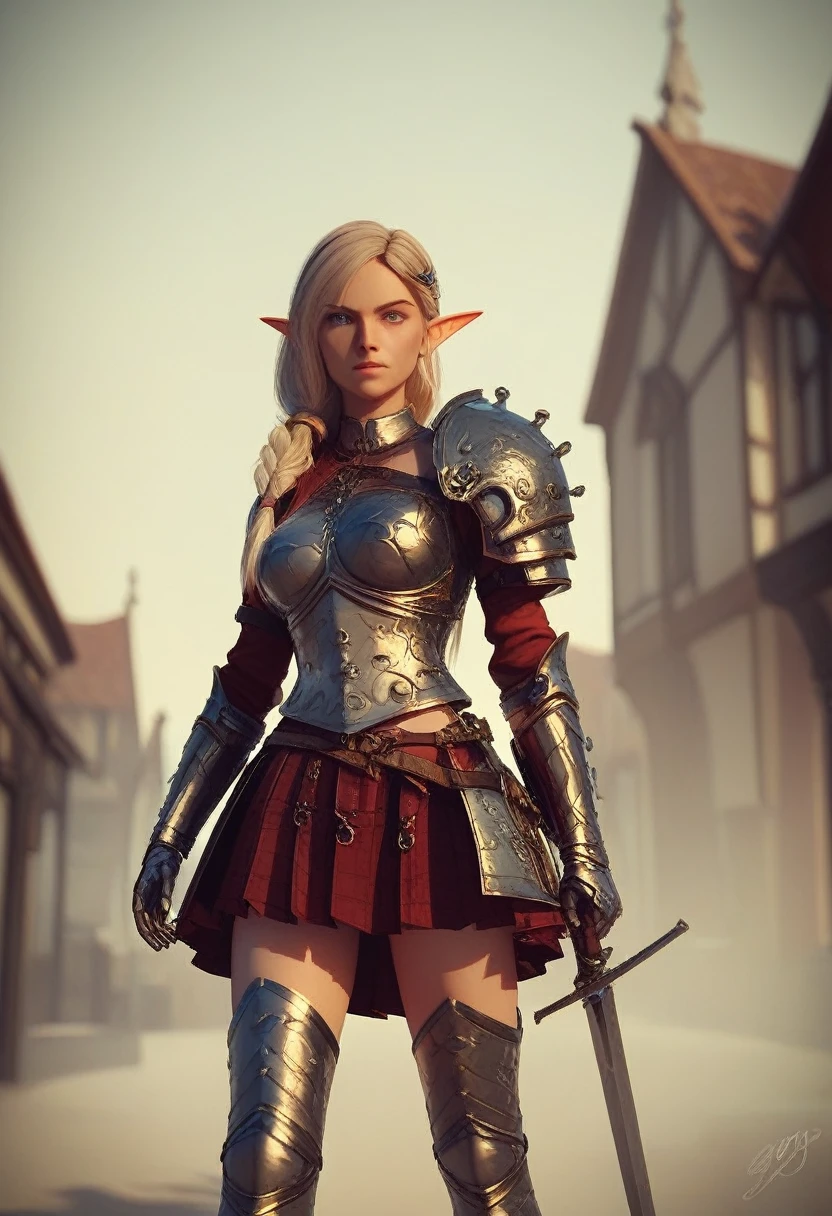 Hyper-realistic 3D anime rendering. An elf, standing in a fantasy village. She is holding a glowing Claymore sword, propped on her shoulder. She wears a modern-day school uniform spliced with ancient reflective steel armor. Her armor has leather accents and runic detailing. she wears a pleated skirt and metal thigh-highs. Her eyes are deep blue with a slight incandescence. Her expression is focused and determined.