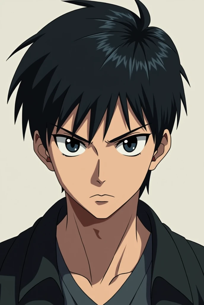 young anime man character with black hair and black eyes serious