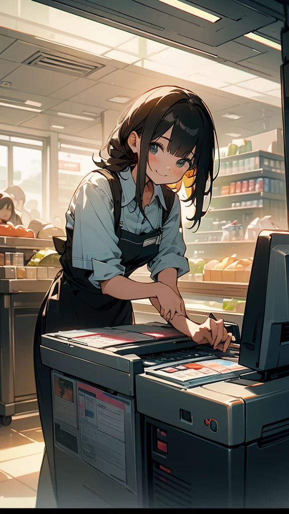 young woman,smile,((Standing inside the cash register)),Touching the cash register machine,Customer Service,((There is a cash register on the table)),(Scanning product barcodes at the cash register)),Each person has one register,Supermarket clerk,Wearing an apron,uniform,((Working as a cashier)),((There are multiple cashiers.)),((cashier,register,)),((Receive money from customers)),There are products on the shelves,In the supermarket,Bright interior,grocery store,There are customers.