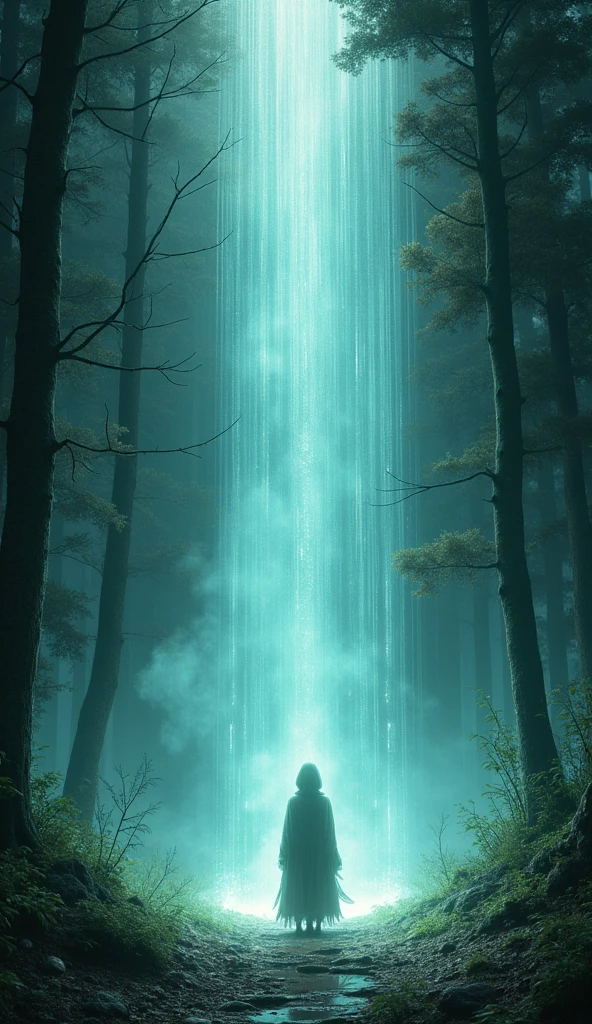 An ethereal barrier (Whispering Veil) separating the real world from the hidden realm of Vyrelyn. The Veil shimmers with whispers and echoes, concealing the unseen, magical realm of Vyrelyn beyond.