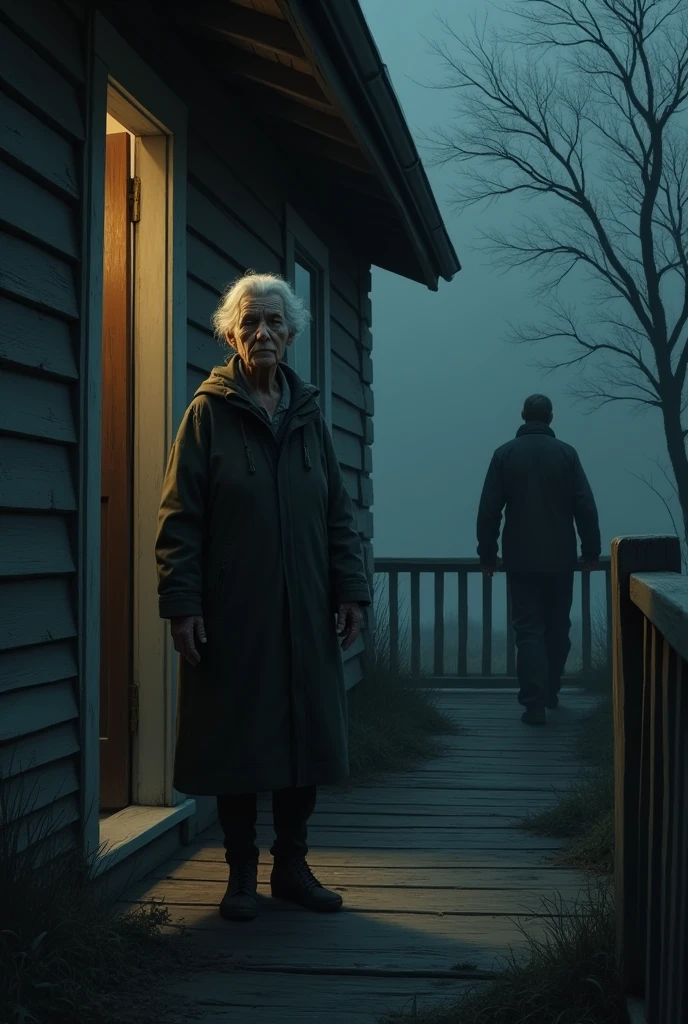 Create an image of a grandmother standing next to the door of her house, where the place is a little dark and a frightened man is arriving. 