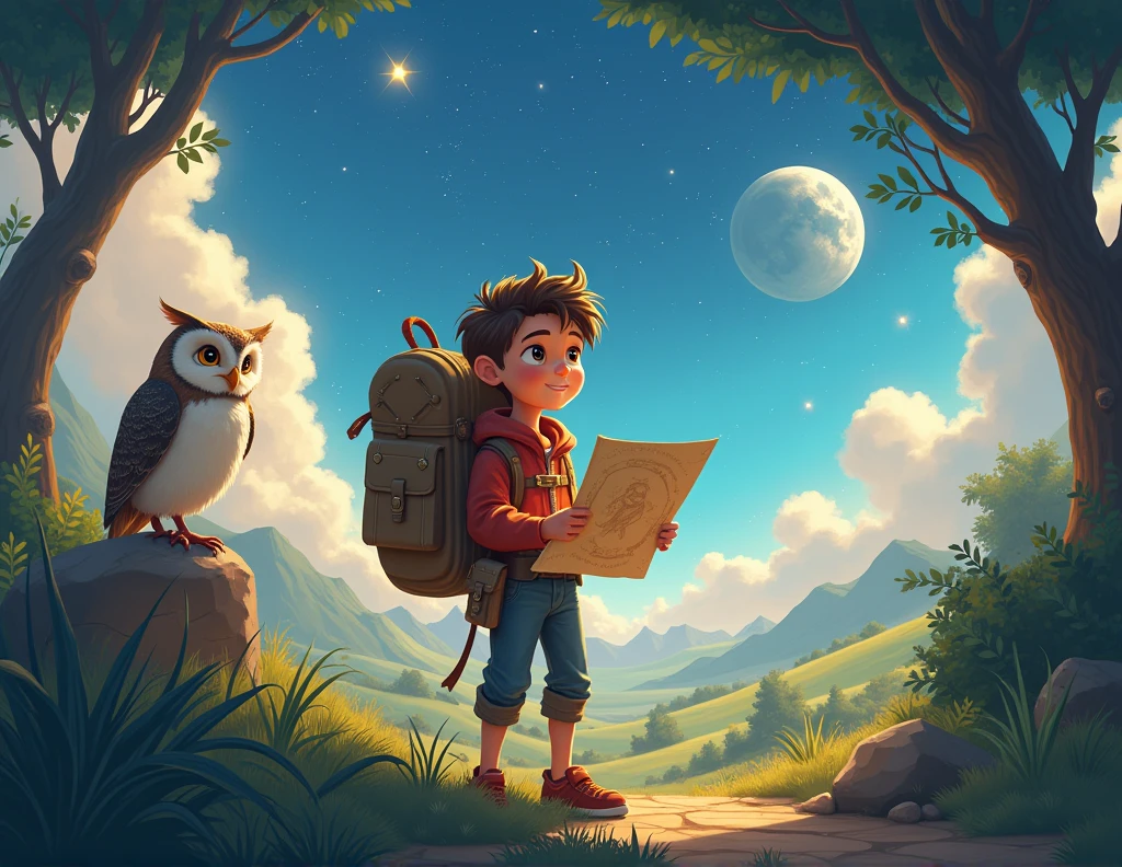 A young explorer named Leo lives on a small planet with his faithful friend, an owl named Luna. One day, Leo finds a mysterious star map that promises incredible adventures on distant planets.