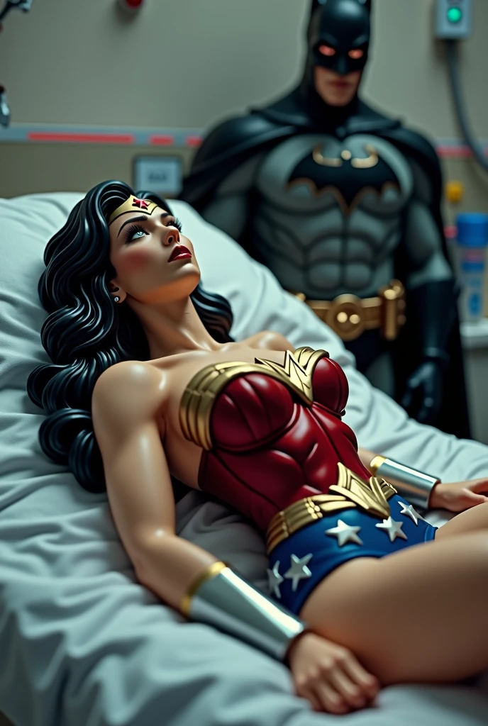 A toned athlete, muscular, blue eyes, black hair Wonder Woman in Wonder Woman’s tiara, red and gold bustier, blue leotard with white stars, ((silver wrist bracelets:1.2)), ((Red knee high boots:1.2)), golden belt with athletic and muscular body with closed_eyes lying on hospital bed with Batman watching over her. Looking at each others. (perfect anatomy), (masterpiece:1.2), (best quality:1.2), intricate details, Muted Tone, Delicate, Detail, sharp focus, perfect hands, perfect face, perfect eyes, perfect light, dynamic light, natural light