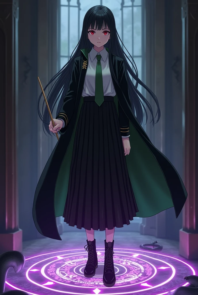 magic magic school。Snake House Student。White blouse。Green tie。Long black pleated skirt。Black lace-up boots。Black robe with green lining。25cm thin wooden magic wand。Straight long black hair。Bangs。Hime cut hair。Crimson Eyes。Mysterious beautiful girl。Quiet。Expressionless。cold gaze。Indifference。Powerful magic。Purple light。A complex and detailed magic circle at my feet.。Has a basilisk under his command。