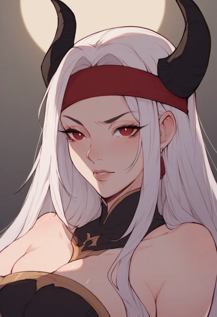 White haired woman with a red headband and red eyes,(two black horns),