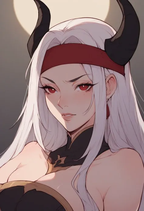 white haired woman with a red headband and red eyes,(two black horns),