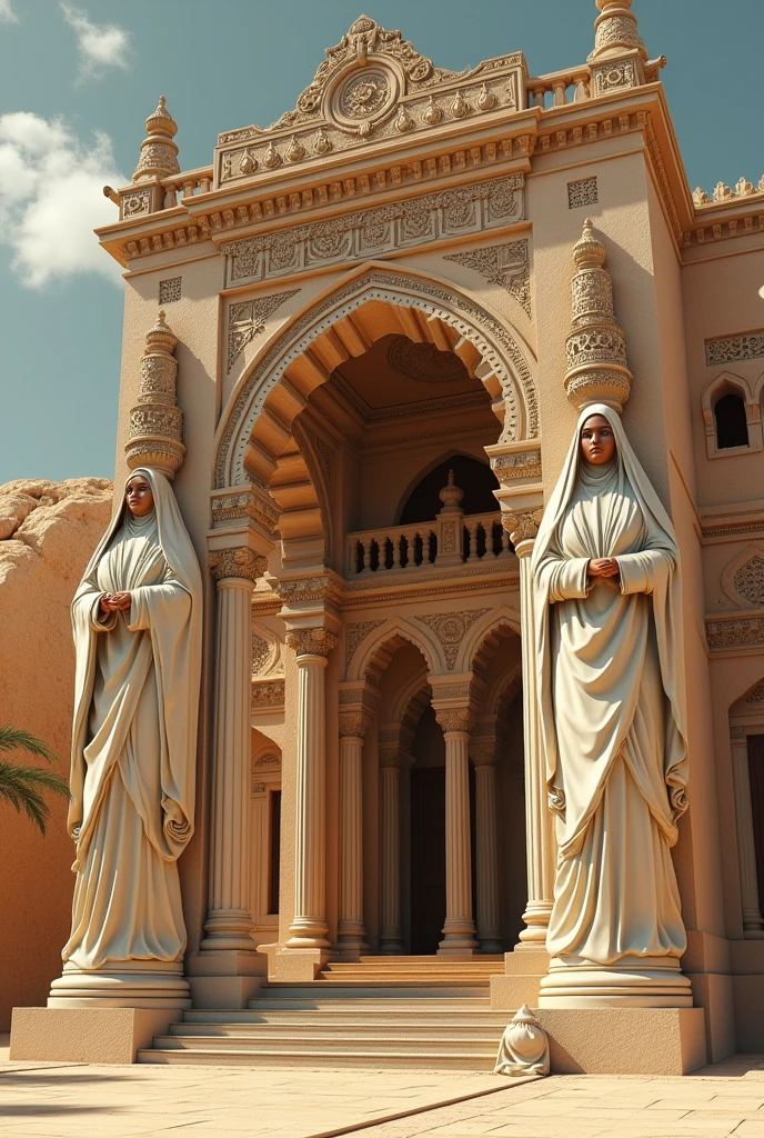 Moorish house held by pillars in the shape of veiled women in traditional Algerian hayak dress