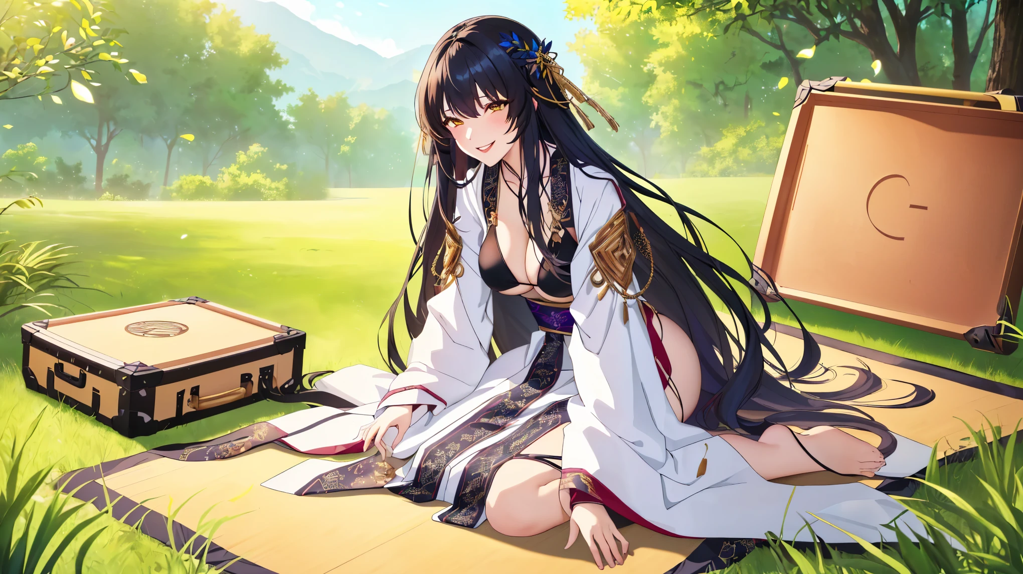 anime girl sitting on a mat in a field with a suitcase, flowing hair and long robes, palace , a girl in hanfu, anime visual of a cute girl, anime girl with long hair, cute anime waifu in a nice dress, flowing magical robe, flowing robes, flowing robe, wearing flowing robes, inspired by Ma Yuanyu, dressed with long fluent clothes, garota ruiva de black bikini, colocar a garota usando black bikini, beatiful boobs, black leagwear, sexy clothes, sexy girl, black bikini, black swimwear, Flying hair, sensual smile, charming smile, big boobies, sensual cleavage, sultry eyes, 8k