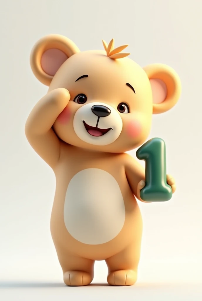Make me a Pixar style baby bear in 3D and 4K with white background, I want the bear to be beige or light brown., I want it to be very impressive and eye-catching., tender and delicate. I want the texture to not be plush.., but, Made of delicate and soft plastic.. full body and saluting. Looking forward and happy. holding birthday number 1 in dark green colors., beige and light brown, the colors of the balloons that are matte