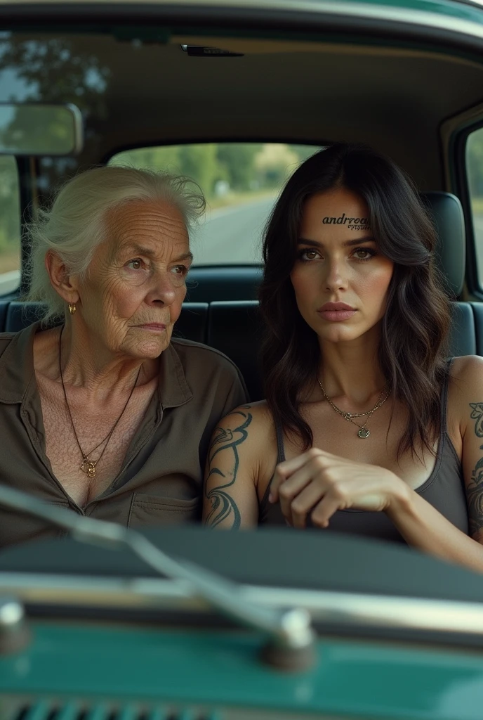 2 women sitting in a small car.  an old grandma and a younger one who has tattoos on her body. on the forehead of Jüngere is written "Andreas&#39;s property" written.  realistic still. 