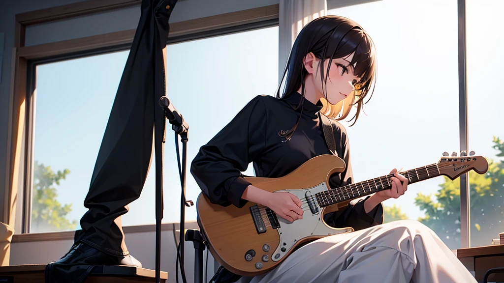 It creates an image of a girl playing an electric guitar, sitting in a chair in profile, in front of the window in her room, quiet atmosphere. Design the body silhouette perfectly. Youth wide pants