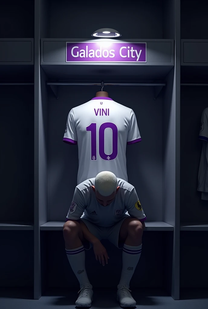 football locker room with a football player's cabin in this cabin there will be a white shirt with purple details (minimalists) on the collar and at the tip of the sleeve the shirt must be showing the back with the name VINI highlighted and the shirt number must be number 10, the cabin at the top must contain the name of the club which is GALADOS CITY, all ambient light must be off, only the light of the sign with the name GALADOS CITY and a low light above the shirt indicating prominence must be on. (The image should be centered and not too far away) and the light-skinned player with platinum hair with a gradient showing that he cares about the current fashion style must be wearing a different pre-game outfit than the shirt that is hanging in the locker room, the one he is wearing is gray with purple details on the sleeve and collar of the shirt and on the shorts, the player in the image must be sitting facing forward with his head down (indicating pre-game concentration)