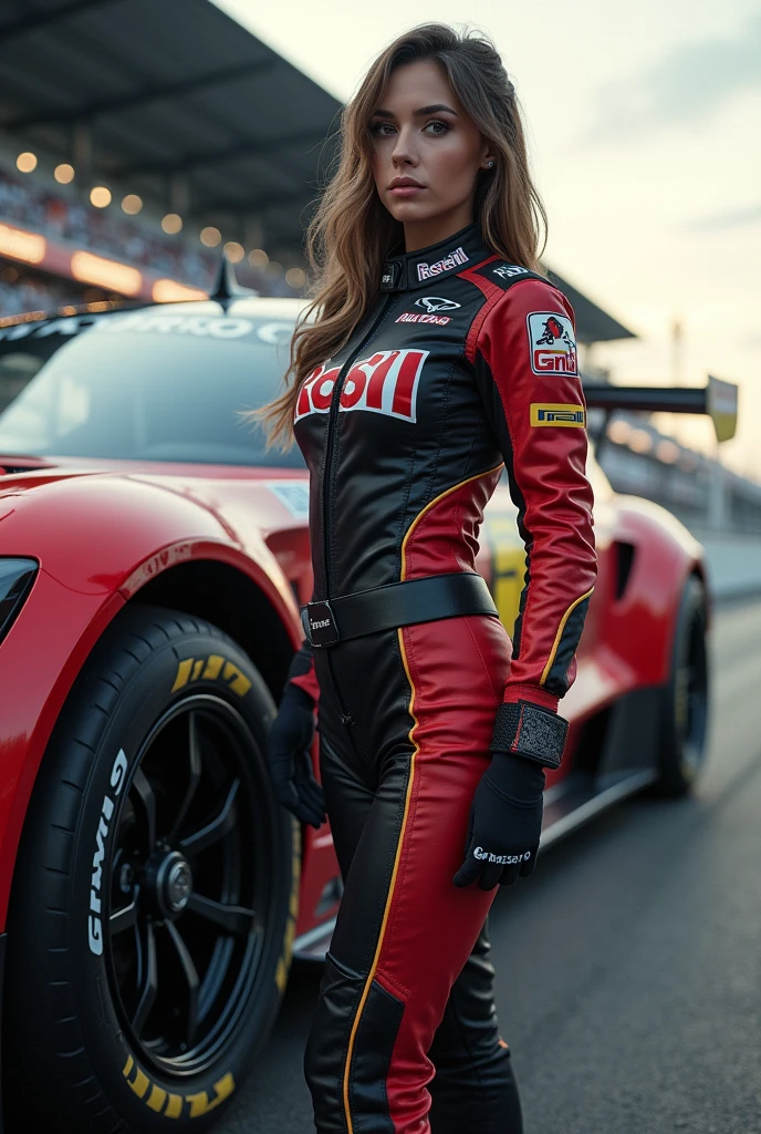 Grid-Girl, racing car, photo finish, best quality, (masterpiece:1.2), high quality, absurdres, highres, hyper detailed, RAW, detailed background,