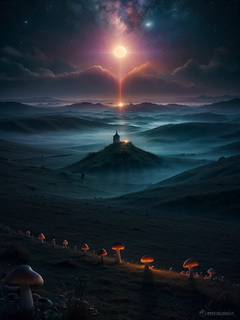 Zdzisław Beksiński style, horror, the night light is now rising, the midnight sun shines majestically beautiful through the night fog, psychedelic starry sky with dreamy mushrooms