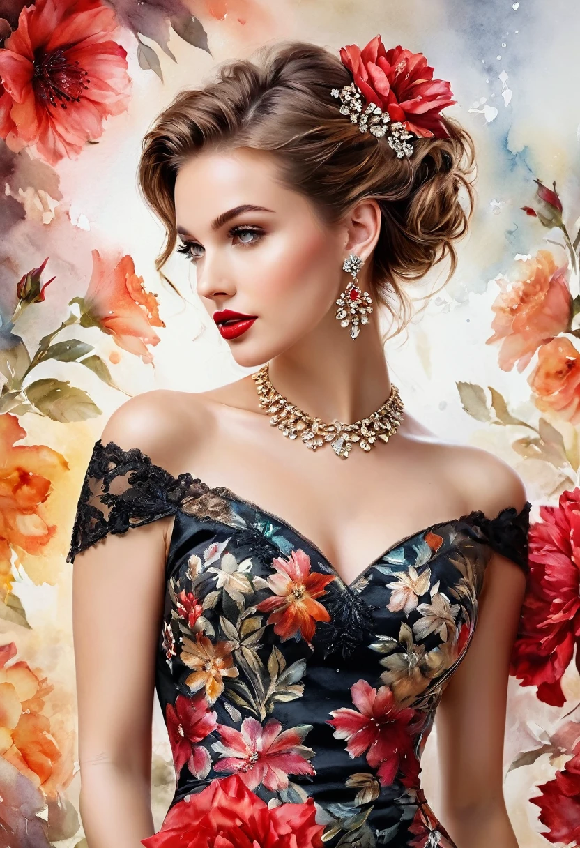 Watercolor-based paint, a masterpiece. beautiful realistic woman, detailed face, crystal clear amber eyes, red lipstick, flowing brown hair, dry red flower in hair, delicate earrings and necklace, shiny red and black satin floral dress, exposed shoulders, flowers background, portrayed from the knees up, stunning image, bokeh background, UHD.
