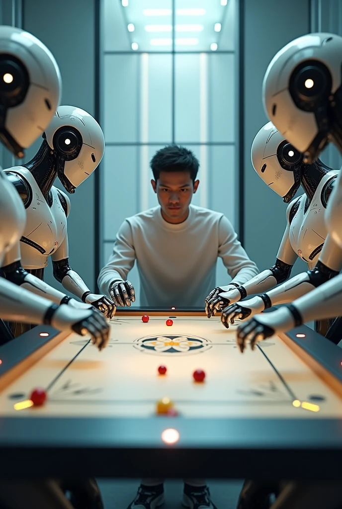 A person playing carrom board with robots