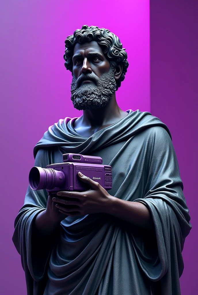 STATUE OF ARISTOTLE THE INTELLIGENT PHILOSOPHER HOLDING A VIDEO CAMERA WITH PURPLE DETAILS IN THE BACKGROUND

