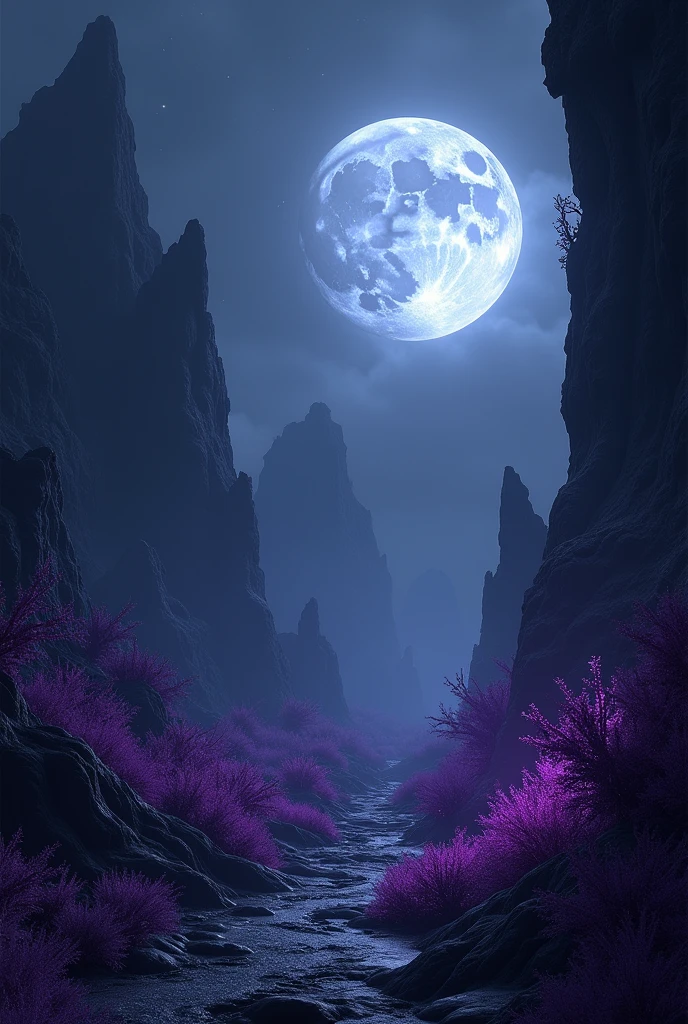 The Moon in a magical and mysterious and scary landscape with purple details 