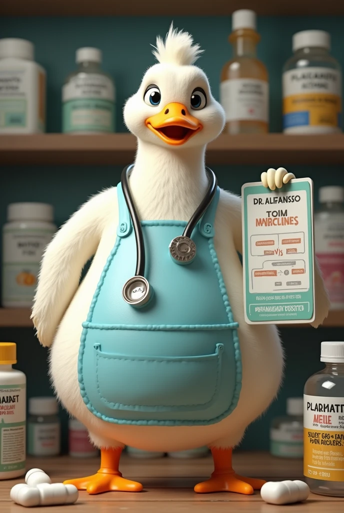 A duck white colour wearing white and blue apron,with stethoscope, hyper realistic, fatty and cute appearance, showing advertisement of drugs , with holding a board showing capsules of gas.
White colour duck ,
Written Dr. Alfanso
Behind board showing different medicines and capsules,tonics.
Dr. Alfanso written on every tonics with name ,
Kvr written on stethoscope .
Pain killer and gas capsules