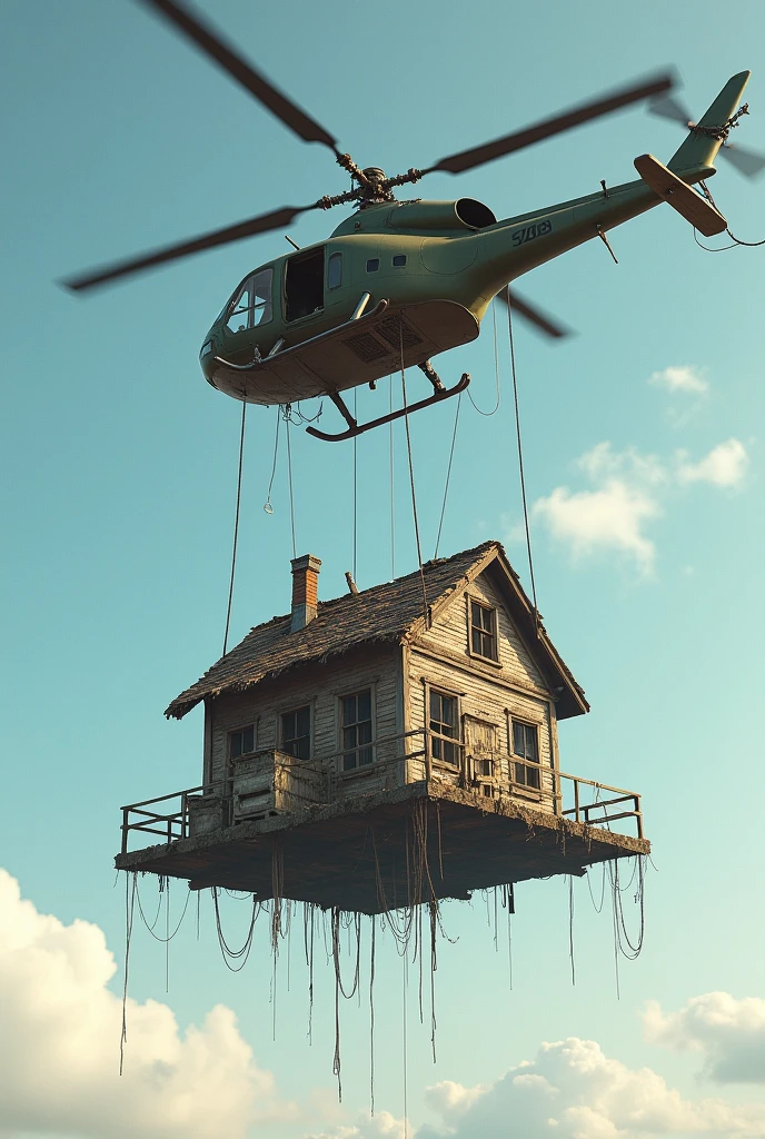 Make a small rickety house hanging from a helicopter