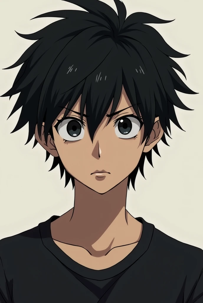 young character anime man with black hair and black eyes serious