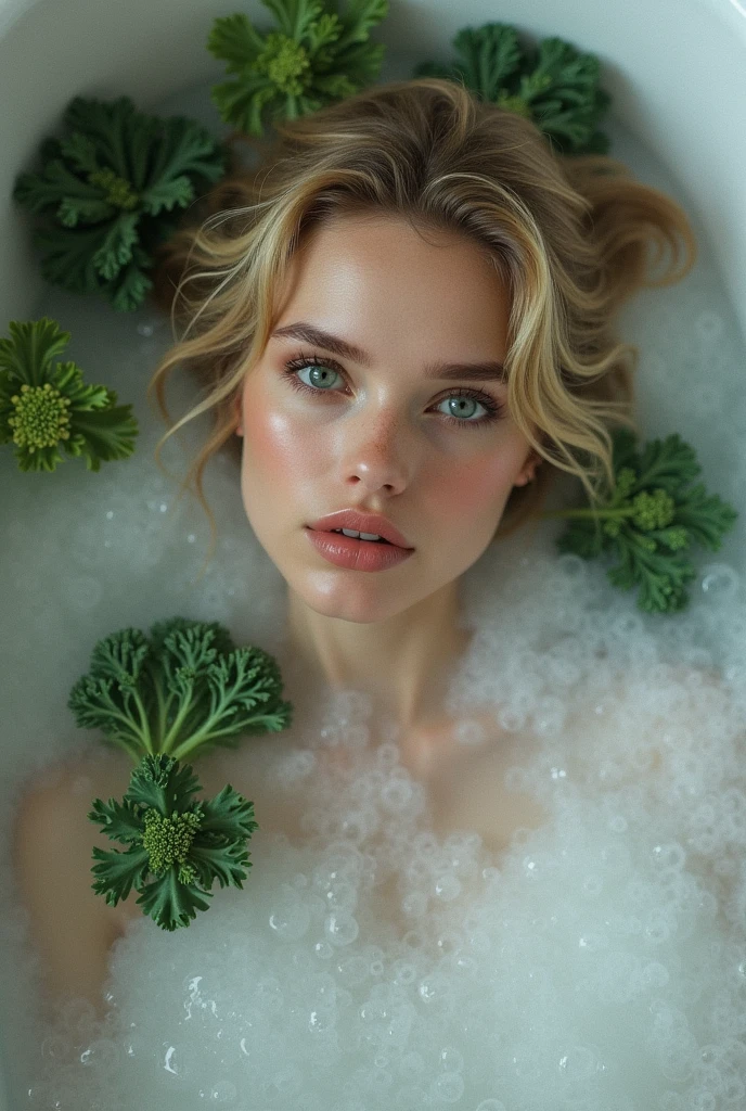 (((best qualityer))), highly detailed, high resolution. 25 year old female, blondie hair, clear green eyes, lábios carKaledos, heavy make-up,  beautiful blonde woman, Kale,  hidden in a bathtub full of water and bubbles