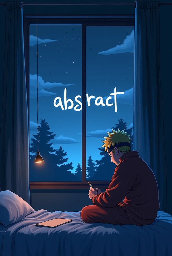 4k anime which naruto sketching on his bed while looking at the word ABSTRACT through his window at night