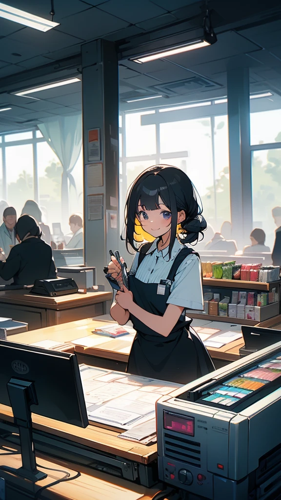 young woman,smile,((Standing inside the cash register)),Touching the cash register machine,Customer Service,((There is a cash register on the table)),(Scanning product barcodes at the cash register)),Each person has one register,Supermarket clerk,Wearing an apron,uniform,((Working as a cashier)),((There are multiple cashiers.)),((cashier,register,)),((Receive money from customers)),There are products on the shelves,In the supermarket,Bright interior,grocery store,There are customers.