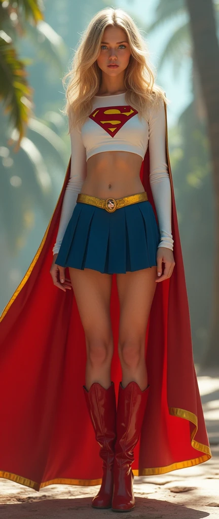 A FULL BODY VIEW OF A SEXY HYPER BUSTY FEMALE WITH (GIGANTIC BREASTS:9.8) DREAMY BLUE EYES AND MEDIUM MESSY GOLDEN BLONDE HAIR WEARING A CLASSIC WHITE LONG-SLEEVED CROP=TOP SUPERGIRL COSTUME, A SHORT BLUE PLEATED SKIRT WITH A YELLOW SUPERGIRL BELT, RED HIGH HEELED SUPERGIRL BOOTS, AND SHORT RED SUPERGIRL CAPE WITH YELLOW TRIM. INCREDIBLY DETAILED SKIN, INCREDIBLEY DETAILED FACE, INCREDIDBLEY DETAILED CLOTHING, TEXTURED SKIN PORES, TEXTURED HAIR, 8K ABSURD RESOLUTION, MASTERPIECE. PHOTO REALSITIC, HYPER REALISTIC. EXOTIC BACKGROUND.