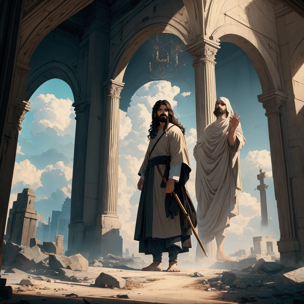 {
"size": "1792x1024",
"prompt": "A highly realistic, cinematic 8K image depicting Jesus emerging from the pages of a giant open Bible, surrounded by clouds. Jesus is stepping forward with a peaceful, inviting expression, extending one hand toward a person standing on a