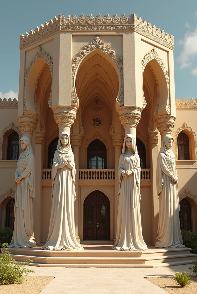 Moorish house held by pillars in the shape of veiled women in traditional Algerian hayak dress