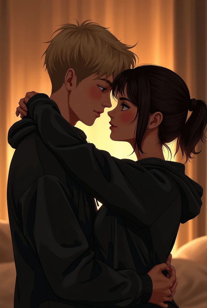 A guy and girl hugging each other, guy: blonde, light skin, clean shave and realistic girl: black brown hair short, wearing a loose black hoodie, little dark skin tone, black eyes, straight hair