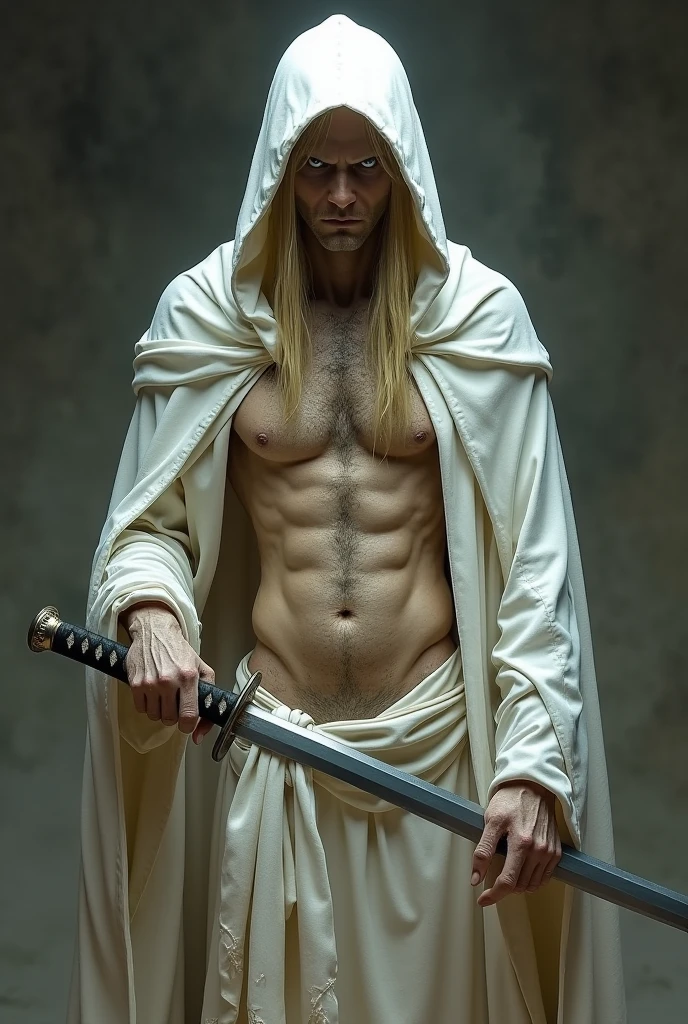 I wish you to create a male Elf wizard with his entire body in a state of mummification wearing a white hooded robe., where the belly muscles appear. His pointy ears appear. And he holds a katana. In place of his eyes are two small, discreet white orbs.. Her long blonde hair is now just a remnant.