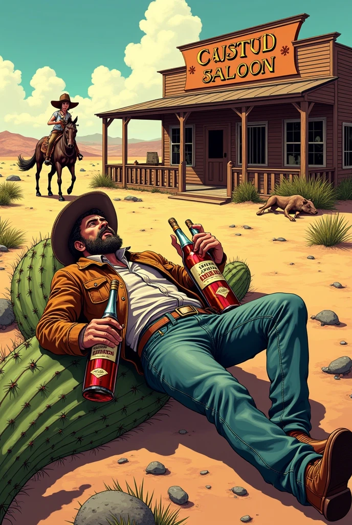 Hyperrealistic color comic 1950s a drunken black-bearded cowboy lying outside with a bottle of liquor in his hand at the door of a saloon his horse next to him in the American Wild West a woman helps him up