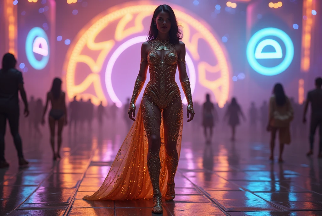 A highly detailed, hyper-realistic rendering of a futuristic figure dressed in a form-fitting costume, fully decorated with intricate Byzantine art-inspired relief patterns. The setting is a vibrant 3000 disco filled with swirling lights and geometric patterns reflected on the floor. The character stands confidently in the center, surrounded by dynamic shapes and colors, capturing the essence of a lively dance party. The mood is expressively neutral, yet exciting, allowing the detailed costume design to shine. The full color scheme includes rich golds, deep blues and vibrant purples, enhancing the overall atmosphere of this fantastical moment.