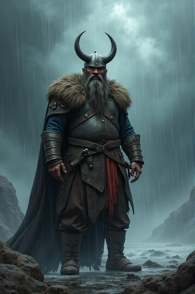 A book cover with a Viking in the rain