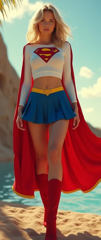 A FULL BODY VIEW OF A SEXY TEEN FEMALE WITH (GIGANTIC BREASTS:9.8) DREAMY BLUE EYES AND MEDIUM MESSY GOLDEN BLONDE HAIR WEARING A CLASSIC WHITE LONG-SLEEVED CROP=TOP SUPERGIRL COSTUME, A SHORT BLUE PLEATED SKIRT WITH A YELLOW SUPERGIRL BELT, RED HIGH HEELED SUPERGIRL BOOTS, AND SHORT RED SUPERGIRL CAPE WITH YELLOW TRIM. INCREDIBLY DETAILED SKIN, INCREDIBLEY DETAILED FACE, INCREDIDBLEY DETAILED CLOTHING, TEXTURED SKIN PORES, TEXTURED HAIR, 8K ABSURD RESOLUTION, MASTERPIECE. PHOTO REALSITIC, HYPER REALISTIC. EXOTIC BACKGROUND.\