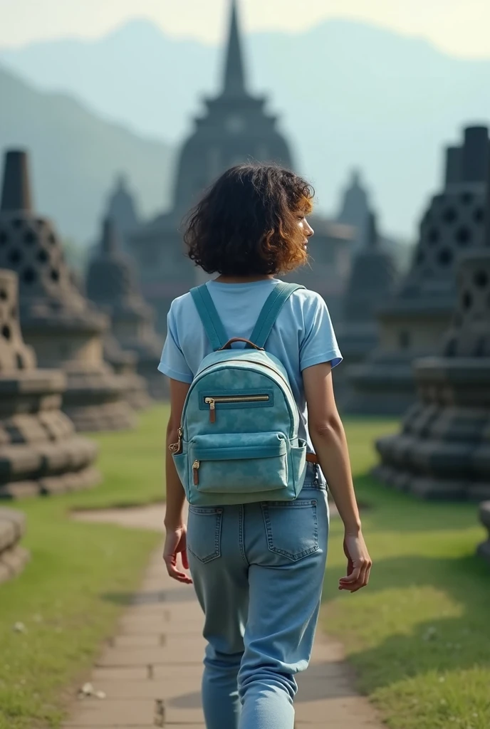 Backside European girl with white skin With her shoulder-length curly hair dyed black hair slightly yellowish, With a light blue small Sleeved with a velvety surface backpack and a light blue short sleeved t-shirt and jeans all over legs and white shoes walking around far from Borobudur tample