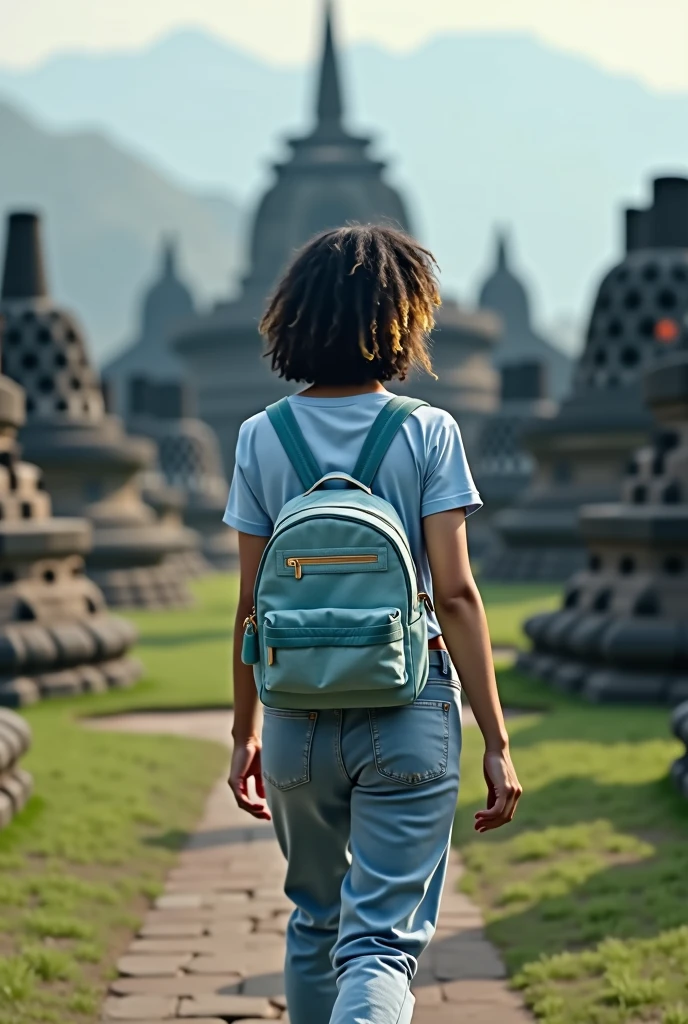 Backside European girl with white skin With her shoulder-length curly hair dyed black hair slightly yellowish, With a light blue small Sleeved with a velvety surface backpack and a light blue short sleeved t-shirt and jeans all over legs and white shoes walking around far from Borobudur tample