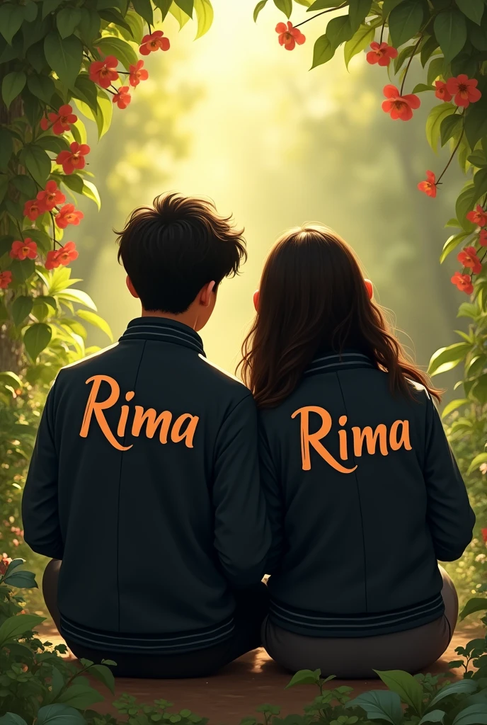 Boy and girl bestfriend, boy name sameer and girl name Rima, both names pic on the black jacket and sitting on garden 