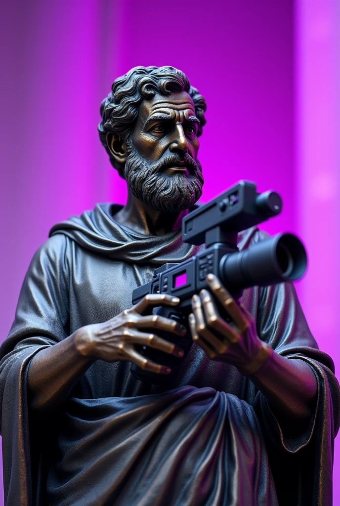 STATUE OF ARISTOTLE THE INTELLIGENT PHILOSOPHER HOLDING A VIDEO CAMERA WITH PURPLE DETAILS IN THE BACKGROUND