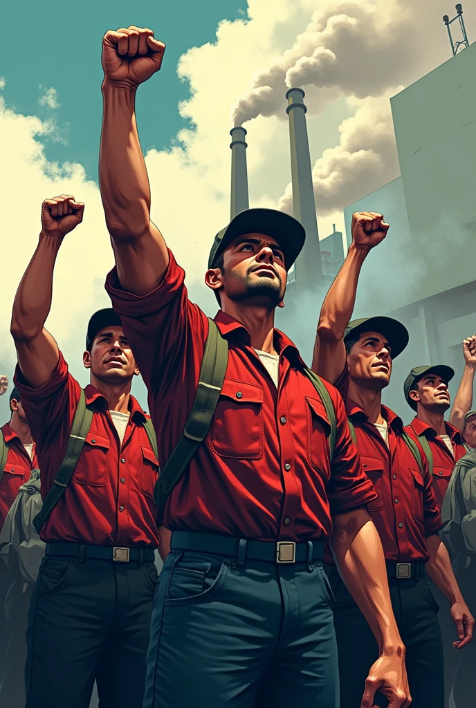 A powerful illustration of workers, men and women, standing together in solidarity, raising their fists high. In the background, a factory with smoke and industrial elements, symbolizing the struggle and the strength of the working class.
