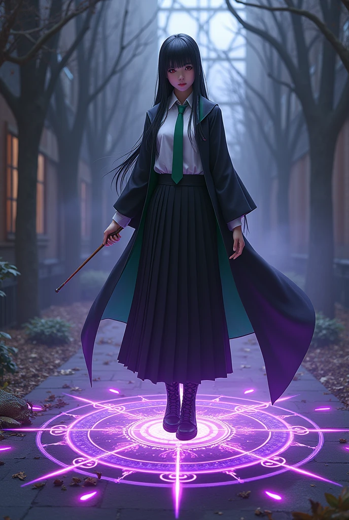 magic magic school。Snake House Student。White blouse。Green tie。Long black pleated skirt。Black lace-up boots。Black robe with green lining。25cm thin wooden magic wand。Straight long black hair。Bangs。Hime cut hair。Crimson Eyes。Mysterious beautiful girl。Quiet。Expressionless。cold gaze。Indifference。Powerful magic。Purple light。A complex and detailed magic circle at my feet.。Accompanied by a giant basilisk。