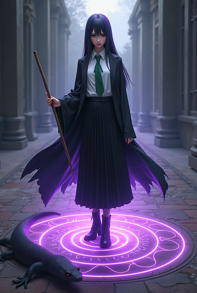 magic magic school。Snake House Student。White blouse。Green tie。Long black pleated skirt。Black lace-up boots。Black robe with green lining。25cm thin wooden magic wand。Straight long black hair。Bangs。Hime cut hair。Crimson Eyes。Mysterious beautiful girl。Quiet。Expressionless。cold gaze。Indifference。Powerful magic。Purple light。A complex and detailed magic circle at my feet.。Accompanied by a giant basilisk。