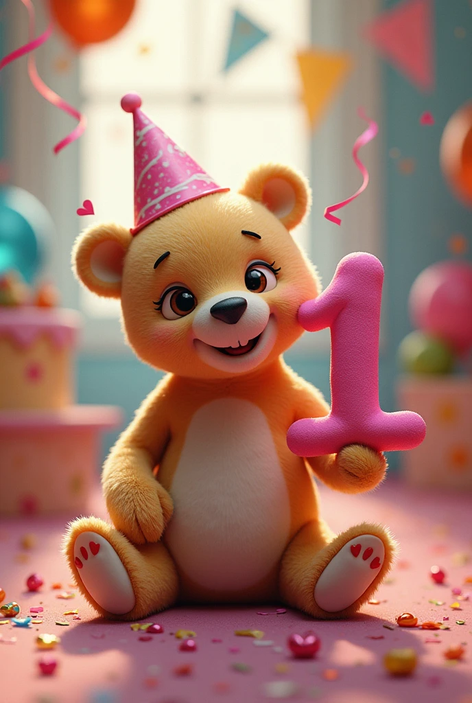 Make me another version, but the teddy bear doesn&#39;t have hair and the birthday number 1, be more creative and eye-catching