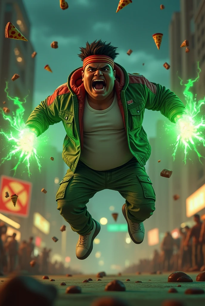 20year old bangladesh man , nepal ( chubby body type. body.) sharp eyes. chubby face. dark skin. man . Anger face. Open mouth. wear headband red whitr. . wearing an (green red stripe jacket) future shirt . anger faces, short hairstyle.wear white singlet.((wear green jacket))("G" logo on the shirt.) l . Dramatic.. at city ,( camouflauge green)cargo pant,, detailed face, cinematic lighting, dramatic atmosphere,.hot day. vibrant colors, 8k, high quality, photorealistic. Hero suit.. ha,army green logo design on pant . Very strong. Future design dress. Very epic. Very hot background.. dark sky. Very strong . . Flying floating glowing pizza, candy. chocolate bar everywhere..Floating small rock small rock glwing green everywhere.have a power turn anything to the food. ))green two finger on both side. upper tilt shift shoot photograpy. jump effect. panning effect. ((glowing green pizza. ))