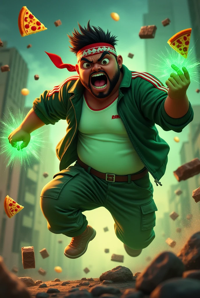 20year old bangladesh man , nepal ( chubby body type. body.) sharp eyes. chubby face. dark skin. man . Anger face. Open mouth. wear headband red whitr. . wearing an (green red stripe jacket) future shirt . anger faces, short hairstyle.wear white singlet.((wear green jacket))("G" logo on the shirt.) l . Dramatic.. at city ,( camouflauge green)cargo pant,, detailed face, cinematic lighting, dramatic atmosphere,.hot day. vibrant colors, 8k, high quality, photorealistic. Hero suit.. ha,army green logo design on pant . Very strong. Future design dress. Very epic. Very hot background.. dark sky. Very strong . . Flying floating glowing pizza, candy. chocolate bar everywhere..Floating small rock small rock glwing green everywhere.have a power turn anything to the food. ))green two finger on both side. upper tilt shift shoot photograpy. jump effect. panning effect. ((glowing green pizza. ))